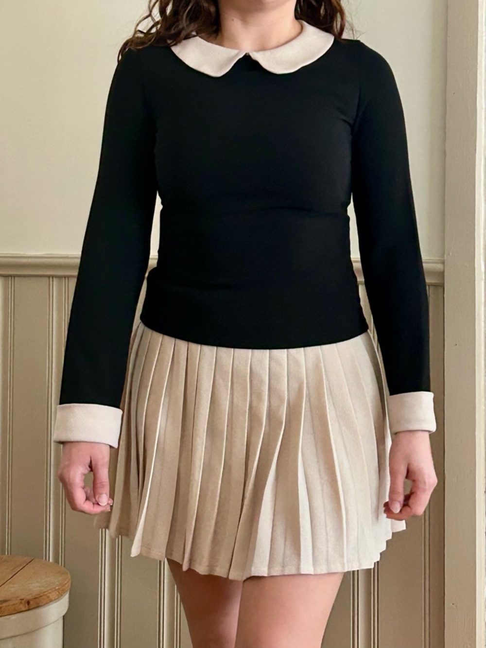 Miu Miu Black Peter Pan Top with Cream Pleated Skirt Dress